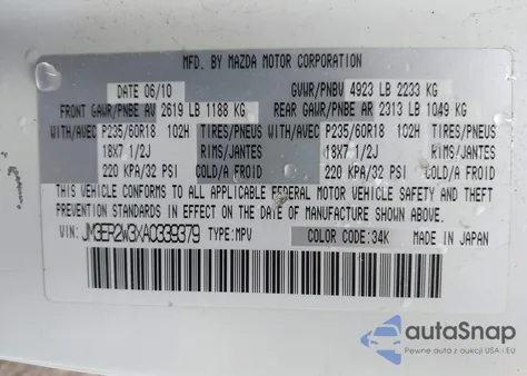 2010 Mazda Cx-7 S Touring z USA, uszkodzony, nr VIN JM3ER2W3XA0339379